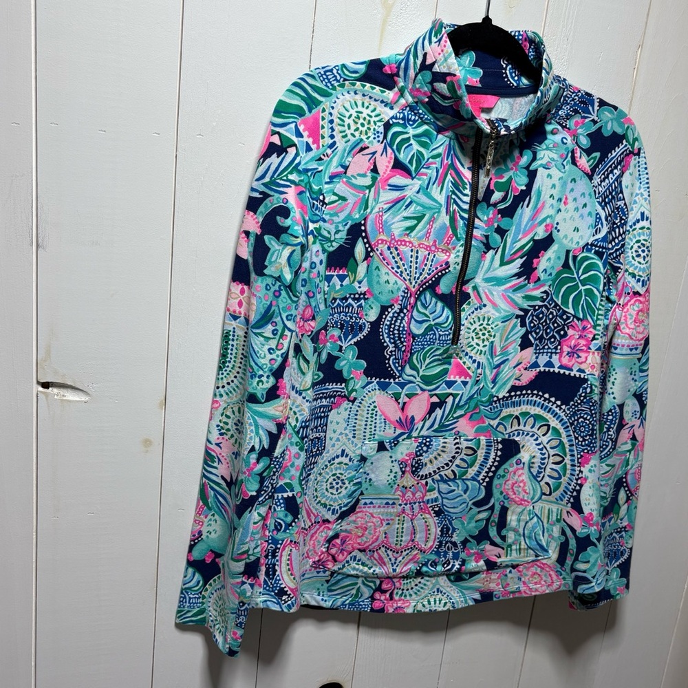 Lilly Pulitzer Cats Navy and Pink Floral Half-Zip Popover Jacket Size Small - Picture 9 of 16